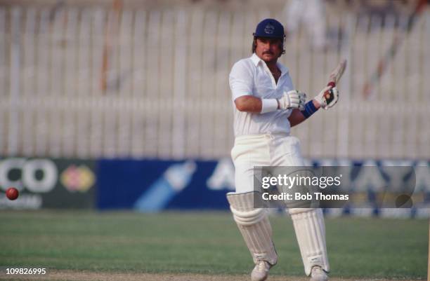 England cricketer Allan Lamb during the Cricket World Cup in Gujranwala, Pakistan, 9th October 1987. England beat the West Indies by two wickets....