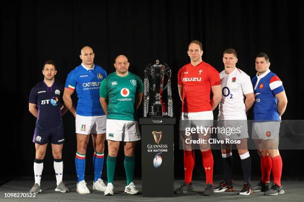 Six nations rugby captains Scotland's Greig Laidlaw, Italy's Sergio Parisse, Ireland's Rory Best, Wales' Alun Wyn Jones, England's Owen Farrell and...