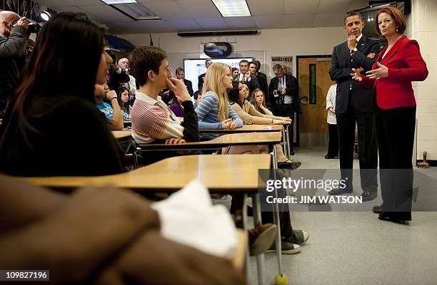 President Barack Obama and Australian Prime Minister Julia Gillard speak with advance placement US history students at Wakefield High School in...