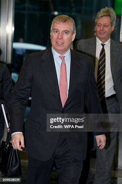 Prince Andrew, Duke of York leaves the headquarters of Crossrail at Canary Wharf on March 7, 2011 in London, England. Prince Andrew is under...