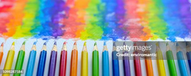 vibrant rainbow colored water color coloring pencils or crayons in a row lying vertically with corresponding colorful shade drawing background, of the colors blending together, which features behind the crayons. - crayon art stock pictures, royalty-free photos & images