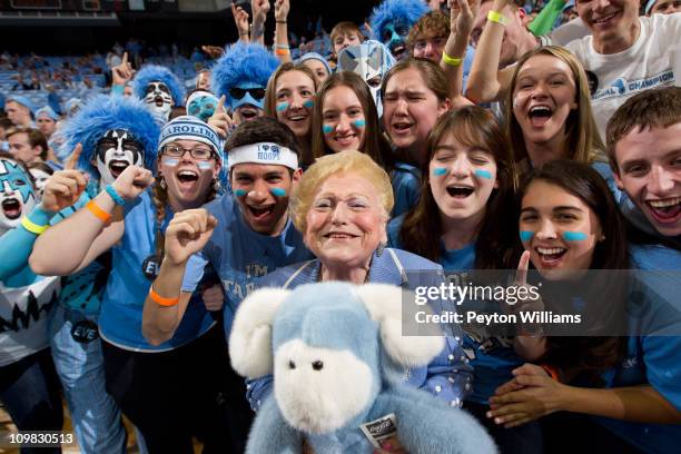 Fans of the North Carolina Tar Heels cheer during a game against the Duke Blue Devils on March 05, 2011 at the Dean E. Smith Center in Chapel Hill,...