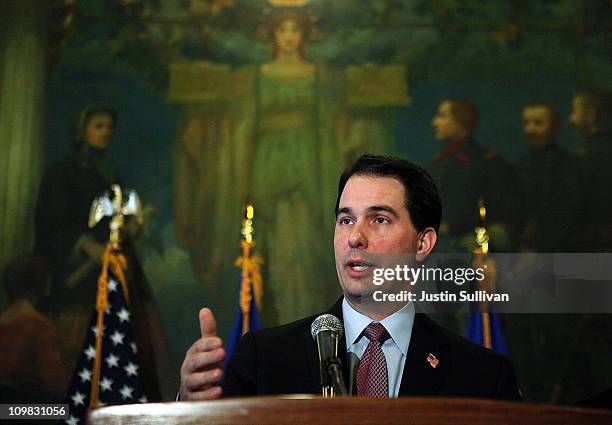 Wisconsin Gov. Scott Walker speaks during a press conference at the Wisconsin State Capitol on March 7, 2011 in Madison, Wisconsin. Governor Walker...