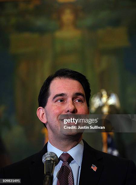 Wisconsin Gov. Scott Walker speaks during a press conference at the Wisconsin State Capitol on March 7, 2011 in Madison, Wisconsin. Governor Walker...