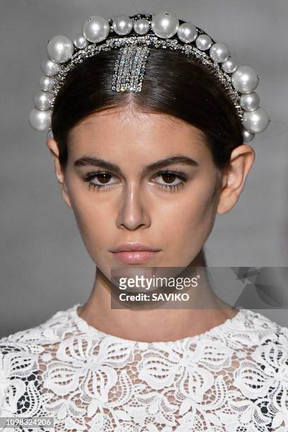 Kaia Gerber walks the runway during the Givenchy Haute Couture Spring Summer 2019 fashion show as part of Paris Fashion Week on January 22, 2019 in...