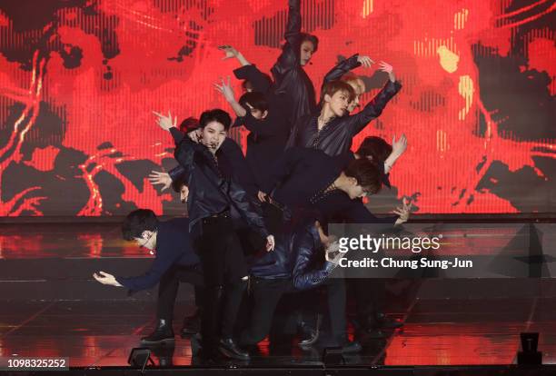 Boy band SEVENTEEN performs on stage during the 8th Gaon Chart K-Pop Awards on January 23, 2019 in Seoul, South Korea.