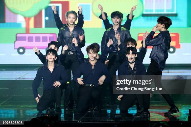 Boy band SEVENTEEN performs on stage during the 8th Gaon Chart K-Pop Awards on January 23, 2019 in Seoul, South Korea.