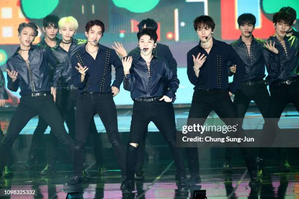 Boy band SEVENTEEN performs on stage during the 8th Gaon Chart K-Pop Awards on January 23, 2019 in Seoul, South Korea.