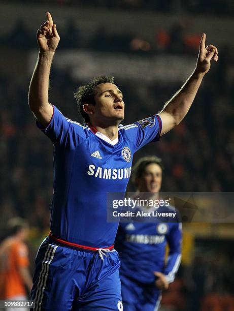 Frank Lampard of Chelsea celebrates scoring his team's second goal during the Barclays Premier League match between Blackpool and Chelsea at...