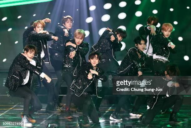 Boy band The Boyz performs on stage during the 8th Gaon Chart K-Pop Awards on January 23, 2019 in Seoul, South Korea.