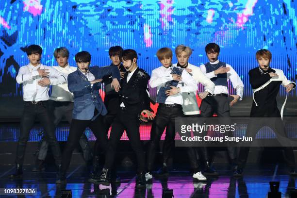 Boy band Stray Kids performs on stage during the 8th Gaon Chart K-Pop Awards on January 23, 2019 in Seoul, South Korea.