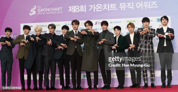 Members of Boy band Seventeen attend the 8th Gaon Chart K-Pop Awards on January 23, 2019 in Seoul, South Korea.