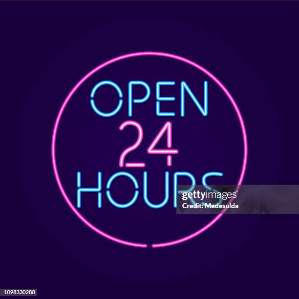 open 24 hours - 24 7 neon stock illustrations