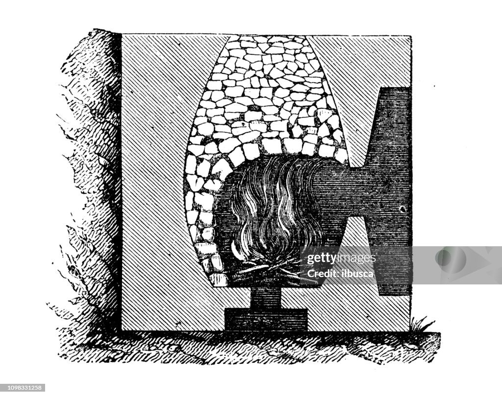 Antique illustration engraving of manufacturing industry: Lime kiln