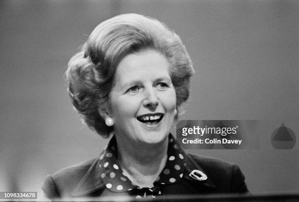 British Conservative Party politician and Prime Minsiter of the United Kingdom Margaret Thatcher at the Conservative Party Conference in Brighton,...