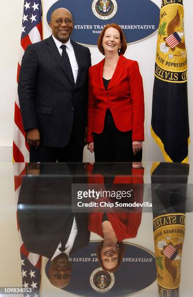 Australian Prime Minister Julia Gillard and U.S. Trade Representative Ron Kirk meet at the Winder Building across the street from the White House...