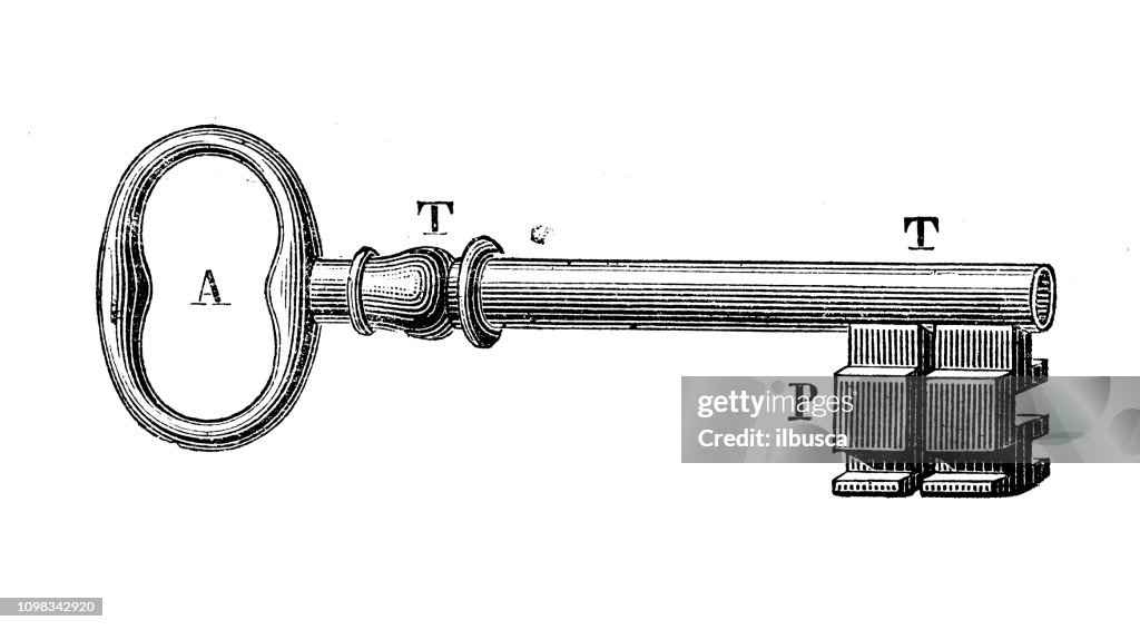 Antiguo grabado de la ilustración de la industria manufacturera: producción de cerradura y llaves