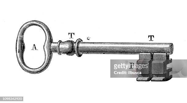 ilustrações de stock, clip art, desenhos animados e ícones de antique illustration engraving of manufacturing industry: lock and keys production - imagem gravada