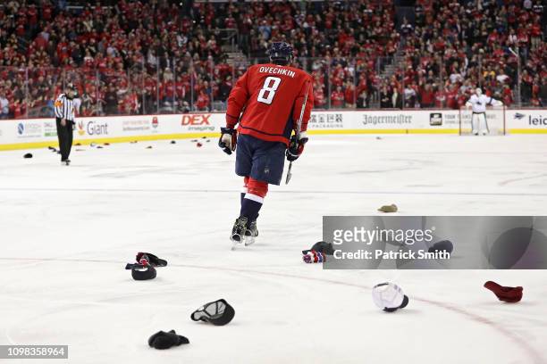 Alex Ovechkin of the Washington Capitals celebrates after scoring his third goal of the game for a hat trick against the San Jose Sharks during the...