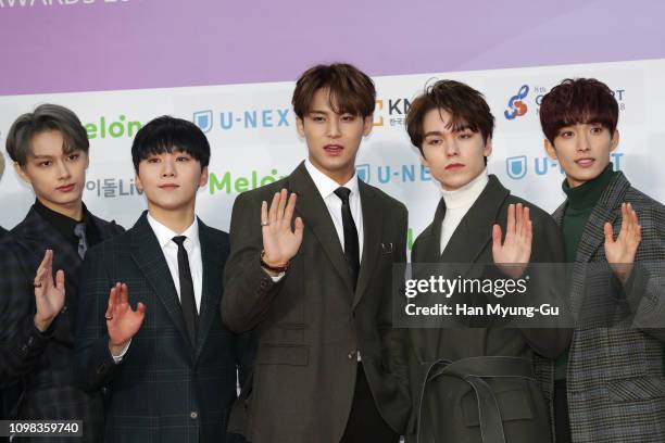 Jun, SeungKwan, MinGyu, Vernon and DK of boy band Seventeen attend the 8th Gaon Chart K-Pop Awards on January 23, 2019 in Seoul, South Korea.