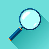 Magnifying glass icon in flat style. Search loupe on color background. Vector design object for you business project
