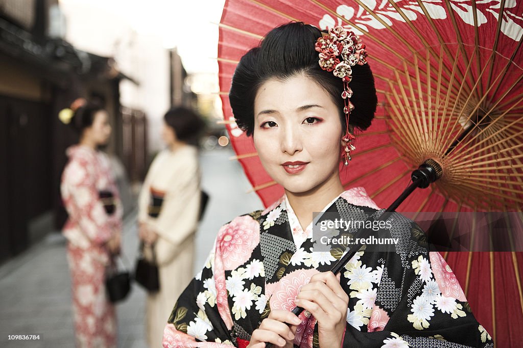 Japanese Women in Kimono and Parasol