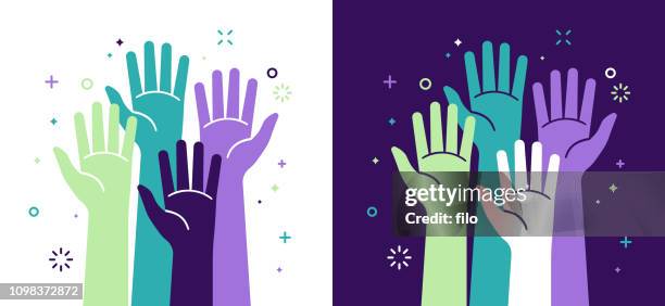 ilustraciones, imágenes clip art, dibujos animados e iconos de stock de la justicia social activismo y voluntariado - arms raised