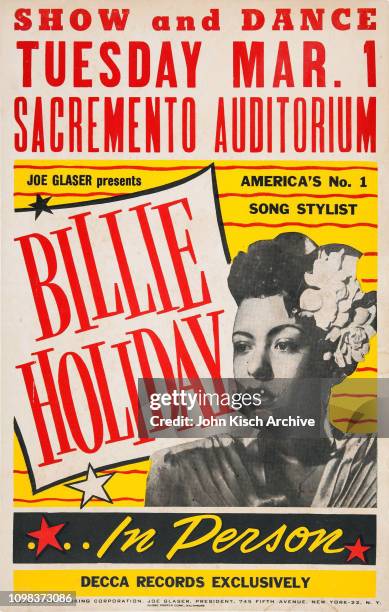 Concert poster advertises a performance by singer Billie Holiday at the Sacramento Auditorium, 1949.