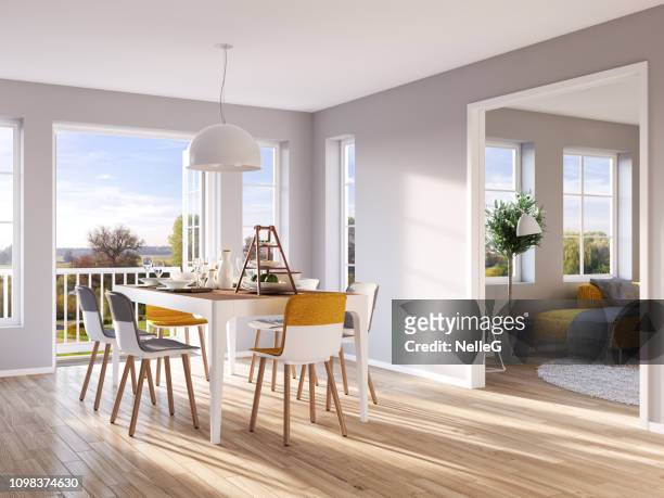 modern dining and living room - wooden floor outdoor stock pictures, royalty-free photos & images