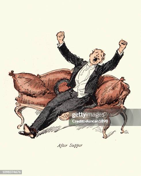 viktorianische cartoon, herr blunderbore, mann, gähnen nach dem abendmahl - yawn stock-grafiken, -clipart, -cartoons und -symbole