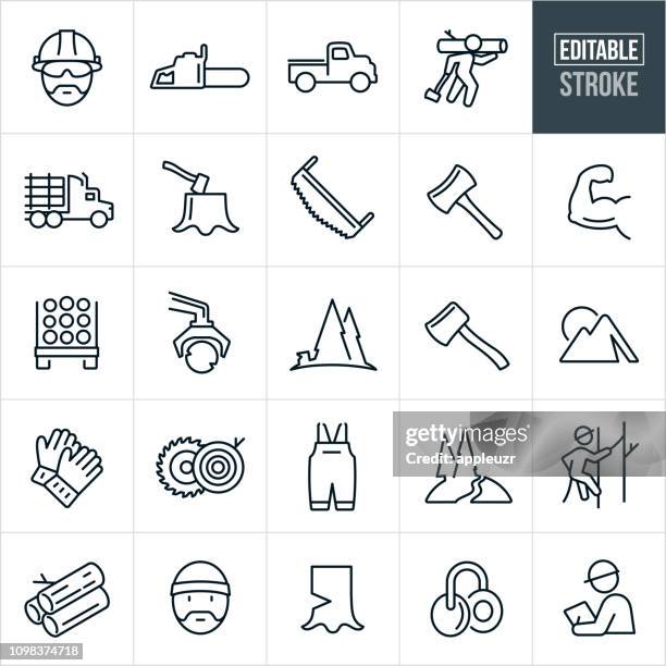 lumberjack line icons - editable stroke - chain saw stock illustrations