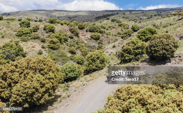flygfoto av gruppen av mountainbikecyklister stigande på andalusiska sierra nevada, spanien. - cycling team bildbanksfoton och bilder