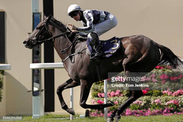 Colm O'Donoghue celebrates victory on the finishing line aboard Alpha Centauri in the Coronation Stakes during day four of the Royal Ascot 2018...