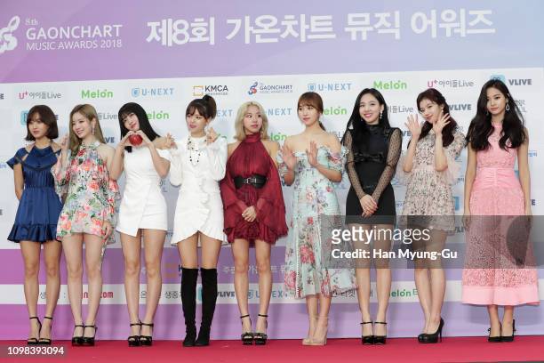 Members of girl group TWICE attend the 8th Gaon Chart K-Pop Awards on January 23, 2019 in Seoul, South Korea.