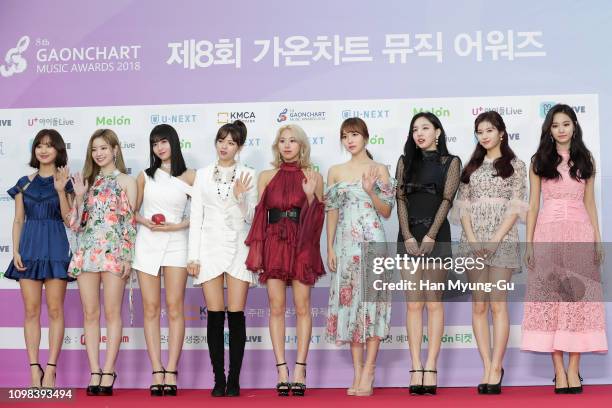 Members of girl group TWICE attend the 8th Gaon Chart K-Pop Awards on January 23, 2019 in Seoul, South Korea.