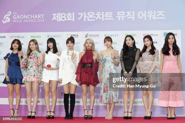 Members of girl group TWICE attend the 8th Gaon Chart K-Pop Awards on January 23, 2019 in Seoul, South Korea.