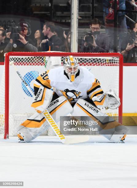 Matt Murray of the Pittsburgh Penguins looks to make a save against the Arizona Coyotes at Gila River Arena on January 18, 2019 in Glendale, Arizona.