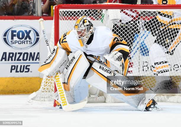 Matt Murray of the Pittsburgh Penguins looks to make a save against the Arizona Coyotes at Gila River Arena on January 18, 2019 in Glendale, Arizona.
