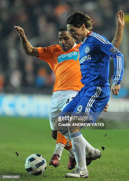 Blackpool's English midfielder Jason Puncheon vies with Chelsea's Spanish forward Fernando Torres during the English Premier League football match...