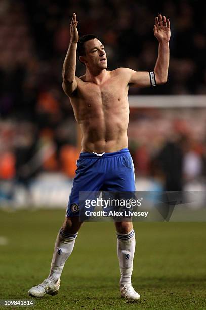 John Terry of Chelsea salutes the fans at the end of the Barclays Premier League match between Blackpool and Chelsea at Bloomfield Road on March 7,...