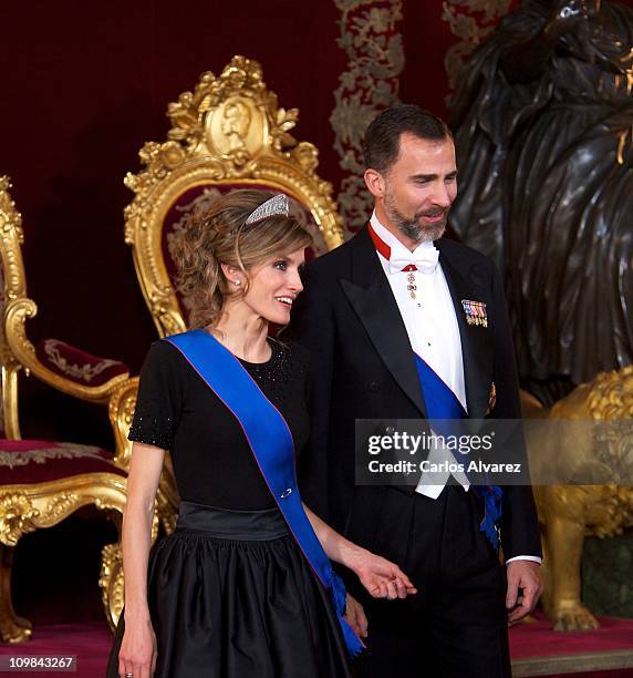 Prince Felipe of Spain and Princess Letizia of Spain attend a Gala Dinner honouring Chilean President Sebastian Pinera at the Royal Palace on March...