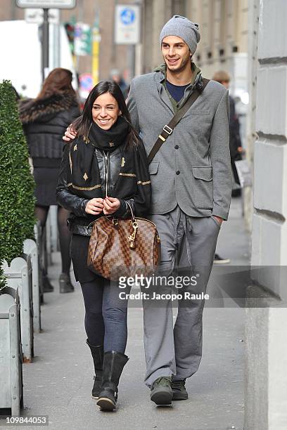 Andrea Ranocchia and Silvia are seen on March 7, 2011 in Milan, Italy.