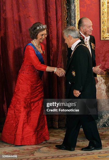 Queen Sofia of Spain , King Juan Carlos of Spain and President Sebastian Pinera attend a gala dinner in honour of Chilean President Sebastian Pinera...