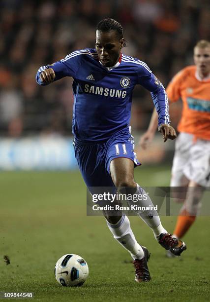 Didier Drogba of Chelsea in action during the Barclays Premier League match between Blackpool and Chelsea at Bloomfield Road on March 7, 2011 in...