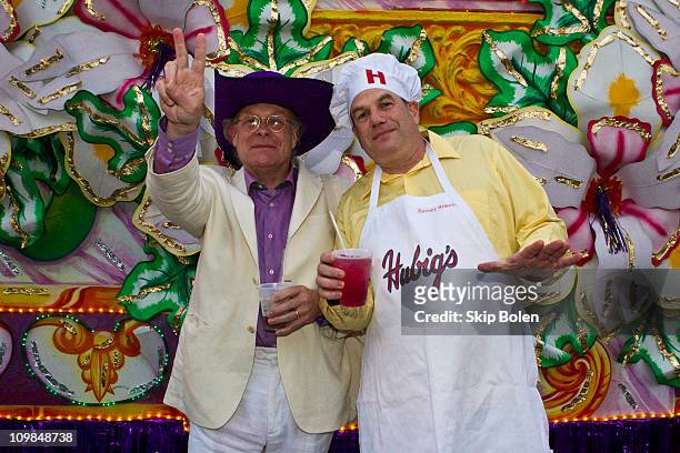 Executive producers Eric Overmyer and David Simon of HBO's 'Treme' before boarding their float in the 2011 Krewe Of Orpheus Parade during Mardi Gras...