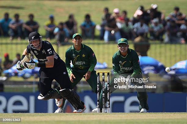 Martin Guptill of New Zealand plays to the legside during the New Zealand v Pakistan 2011 ICC World Cup Group A match at the Pallekele Cricket...
