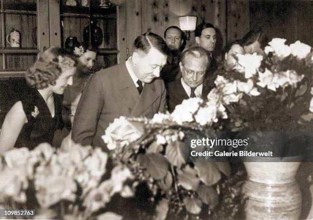 Adolf Hitler with guests at his birthday party at Hitler's residence, the Berghof near Berchtesgaden, Germany, 20th April 1943. On the far left is...