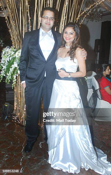 Rahul Mahajan with wife Dimpy Mahajan during their first wedding anniversary celebration at Mayfair Worli in Mumbai.