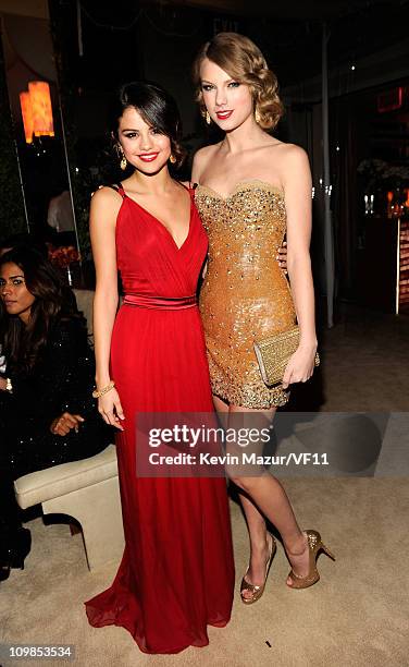 Selena Gomez and Taylor Swift attends the 2011 Vanity Fair Oscar Party Hosted by Graydon Carter at the Sunset Tower Hotel on February 27, 2011 in...