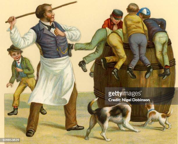 Shopkeeper administers a caning to a group of naughty boys, circa 1840. A Victorian illustration.